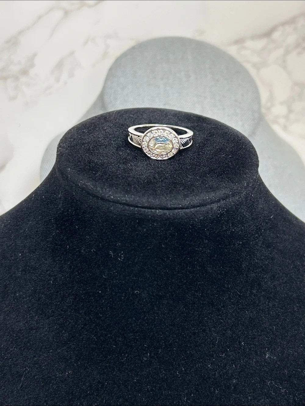 Touchstone Crystal by Swarovski Silver Halo Ring with Clear AB Center Crystal